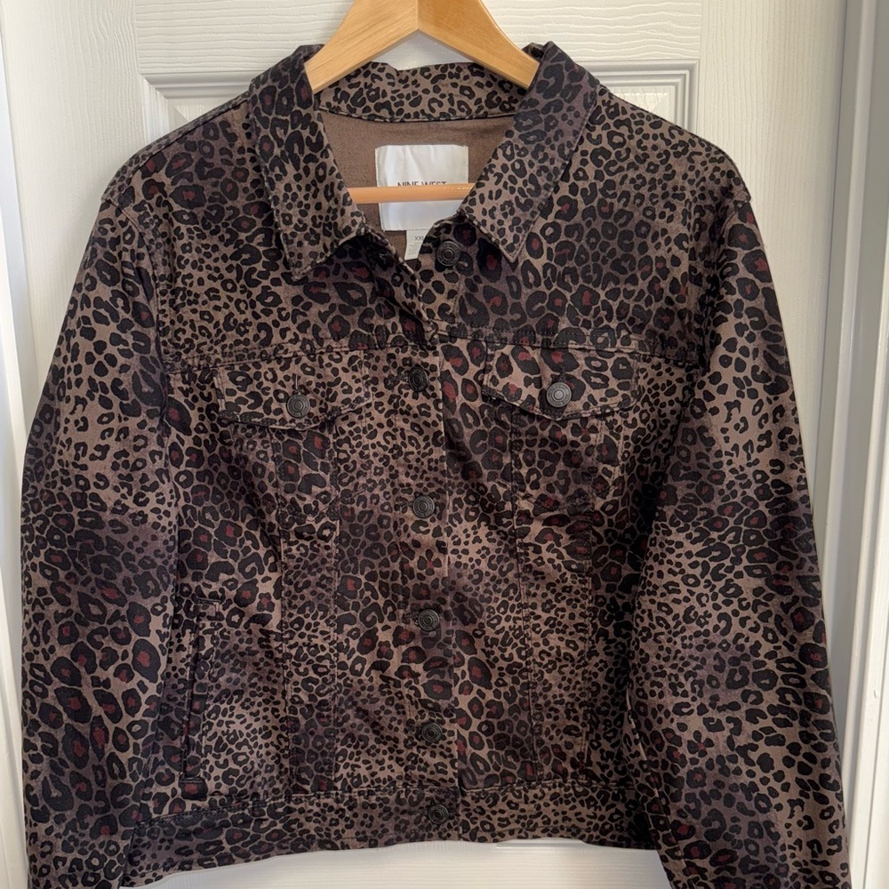 Nine West Lepoard Print Button Up Denim Jacket XXL Black Brown Feminine Chic